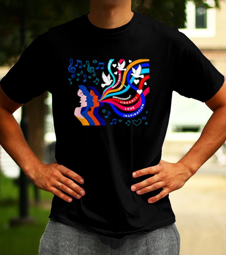 Women's Music Hope Resilience Joy Empowerment Vibrancy Love Inspiration Doves Notes Hearts T-Shirt