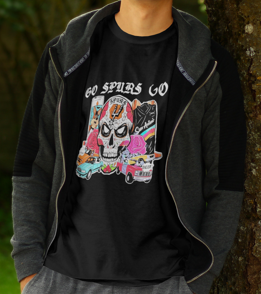 San Antonio Spurs Sugar Skull Go Spurs Go Vintage Cars Roses T-Shirt
