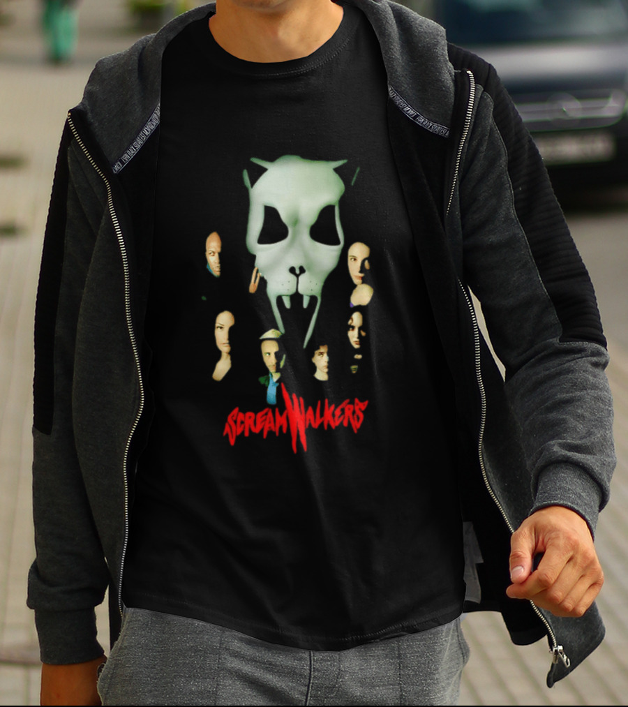 Screamwalkers Movie Cast Ensemble With Giant Mask Horror Faces T-Shirt