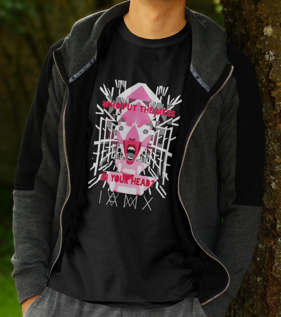 Who Put The Mess In Your Head Pink Abstract Geometric Face T-Shirt