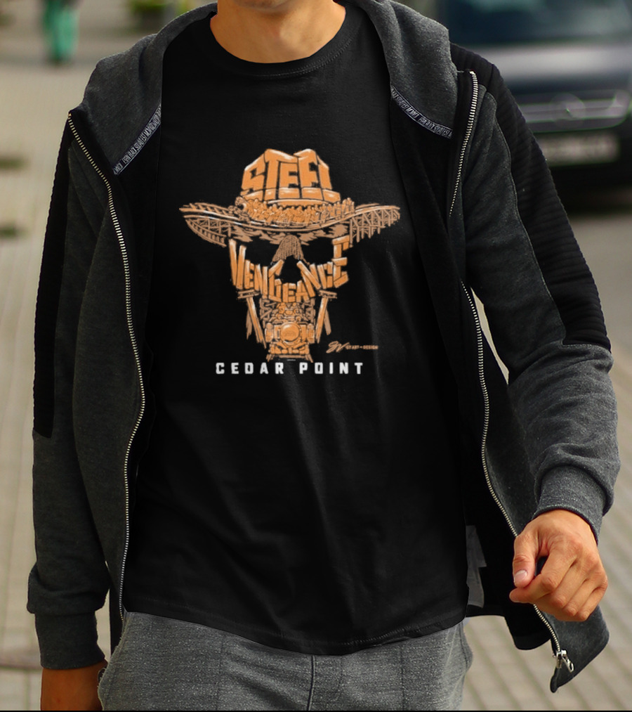 Cedar Point Steel Vengeance Orange Skull Logo & GV Wordscape T-Shirt
