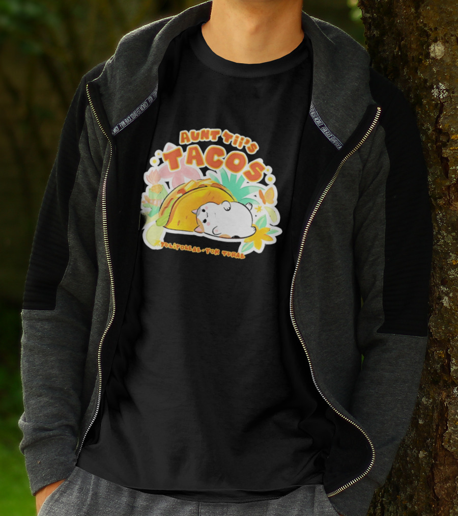 Aunt Tii's Tacos Cat Tulitollal Yok Tural Vibrant Fiesta Floral Burst T-Shirt
