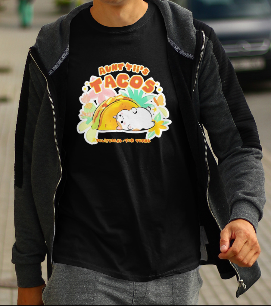 Aunt Tii's Tacos Cat Tulitollal Yok Tural Vibrant Fiesta Floral Burst T-Shirt