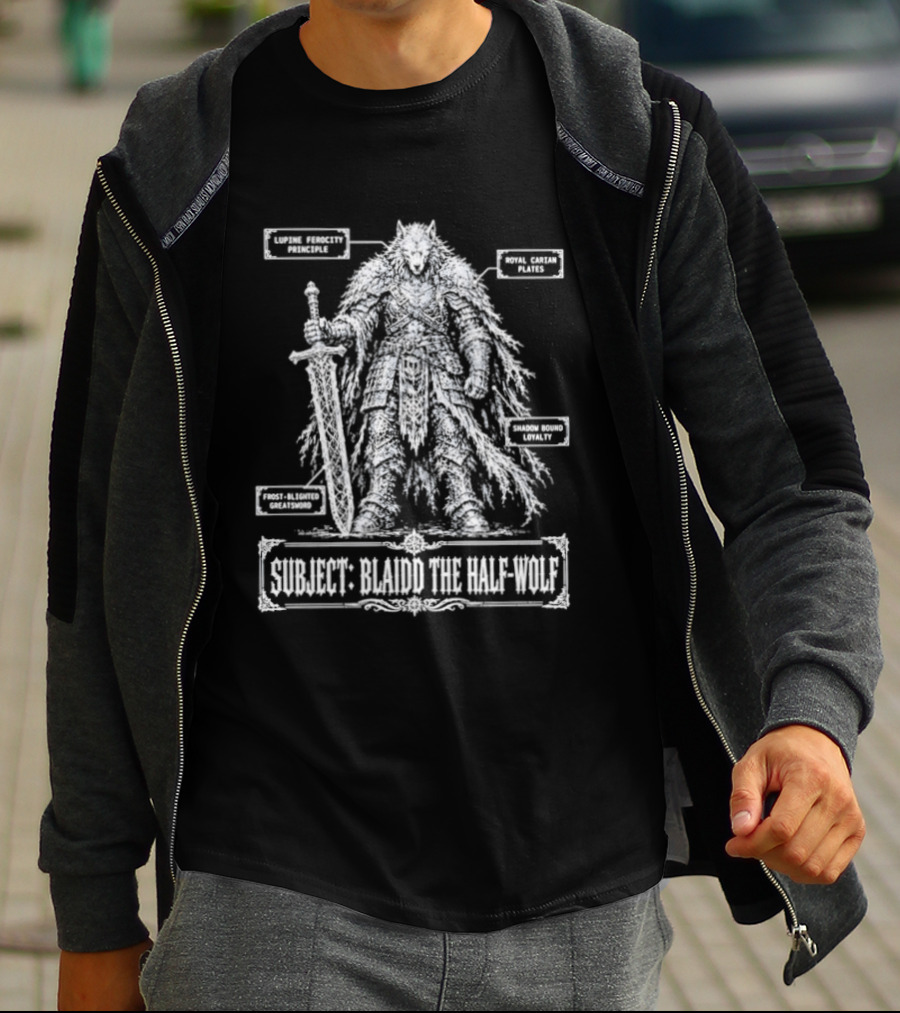 Blaidd Half Wolf Diagram Giant Sword Layered Fur Combat Form Analysis T-Shirt