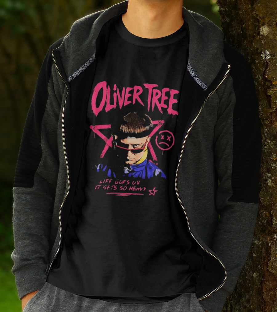 Oliver Tree Life Goes On It Gets So Heavy X Symbol Pink Text Sad Face T-Shirt