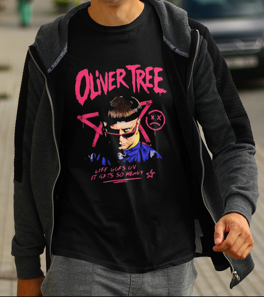 Oliver Tree Life Goes On It Gets So Heavy X Symbol Pink Text Sad Face T-Shirt