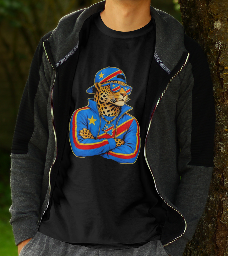 DR Congo Flag Colors Leopard In Hip Hop Style Outfit T-Shirt