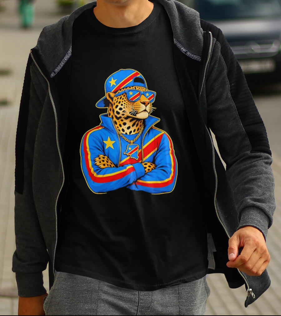 DR Congo Flag Colors Leopard In Hip Hop Style Outfit T-Shirt