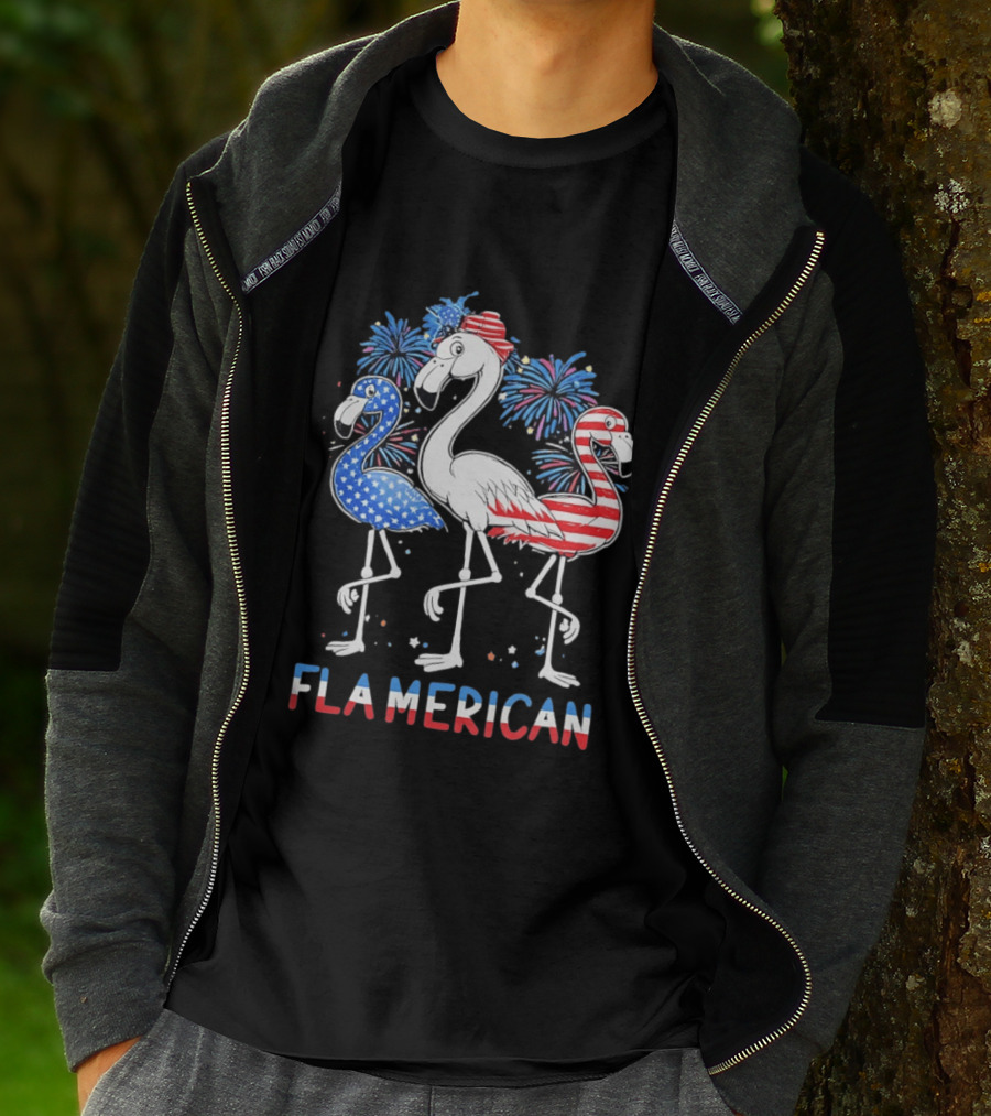 Flamerican Flamingo Fireworks Patriotic Fourth Of July T-Shirt