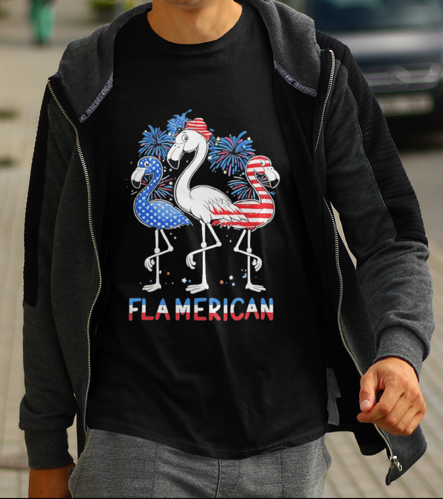 Flamerican Flamingo Fireworks Patriotic Fourth Of July T-Shirt