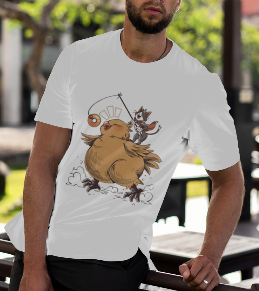 Chocobo Riding Cat Wizard With Donut Lure Delight T-Shirt