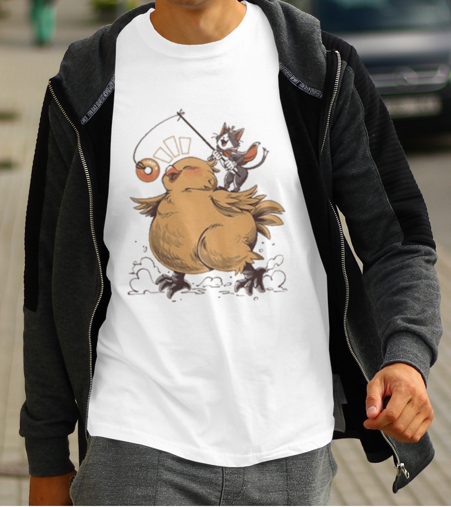 Chocobo Riding Cat Wizard With Donut Lure Delight T-Shirt