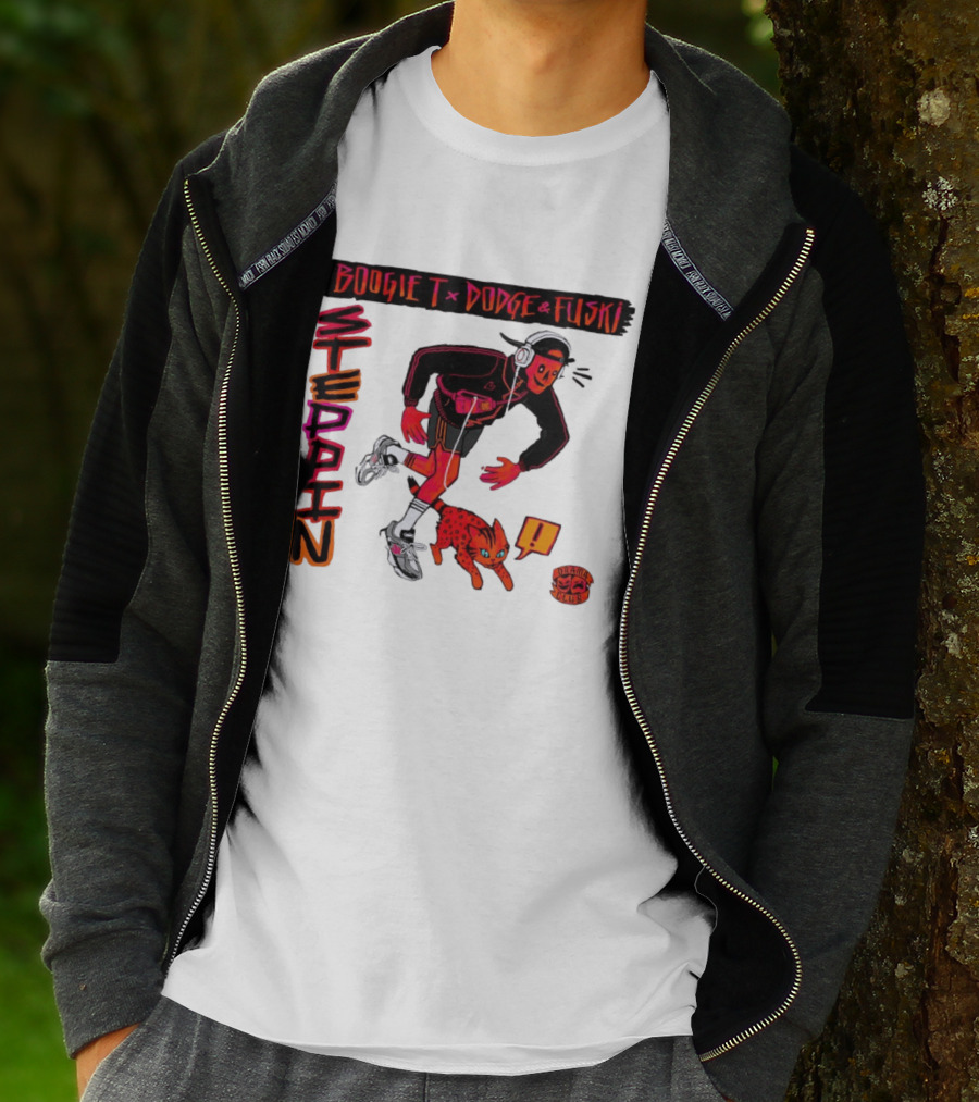 Boogie X Dodge And Fuski Steppin Drama Club Cat With Headphones And Sneakers T-Shirt
