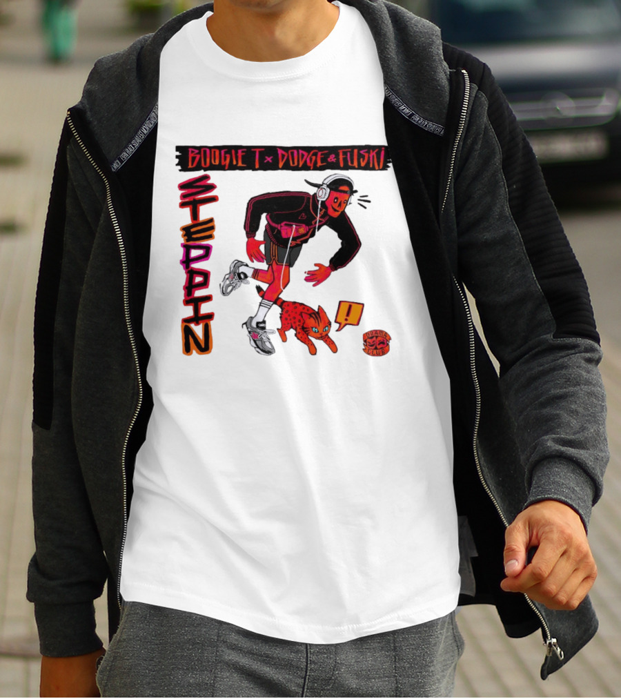 Boogie X Dodge And Fuski Steppin Drama Club Cat With Headphones And Sneakers T-Shirt