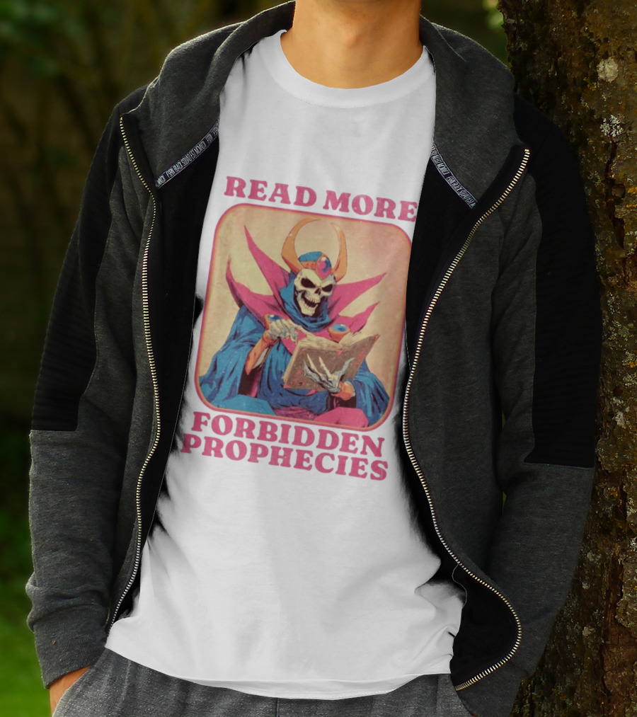 Read More Forbidden Prophecies Skeleton Cloaked Figure Holding Book T-Shirt