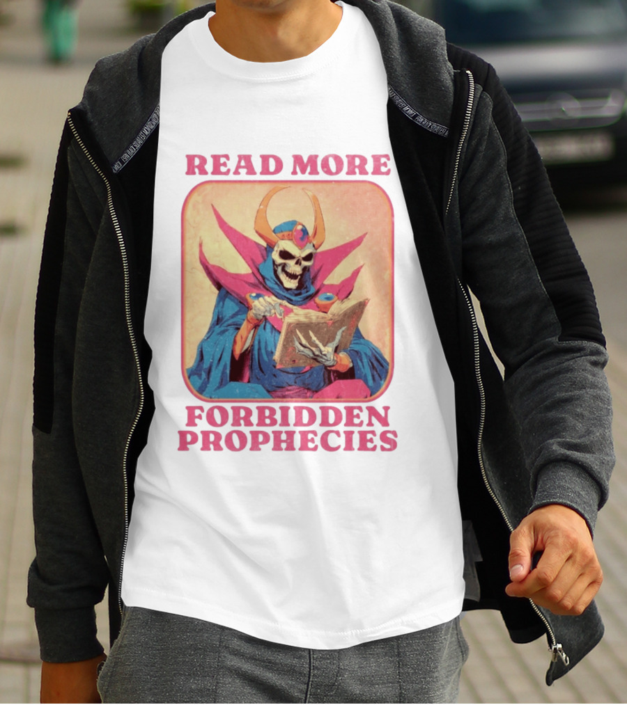 Read More Forbidden Prophecies Skeleton Cloaked Figure Holding Book T-Shirt