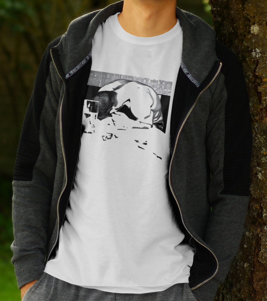 Rough Night Passed Out At Dinner Table Humor Black And White Image T-Shirt