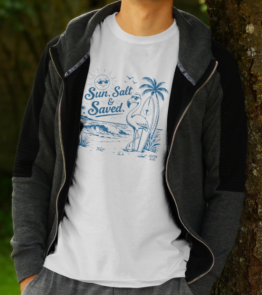 Sun Salt And Saved Flamingo Beach Scene With John 3 16 Christian T-Shirt