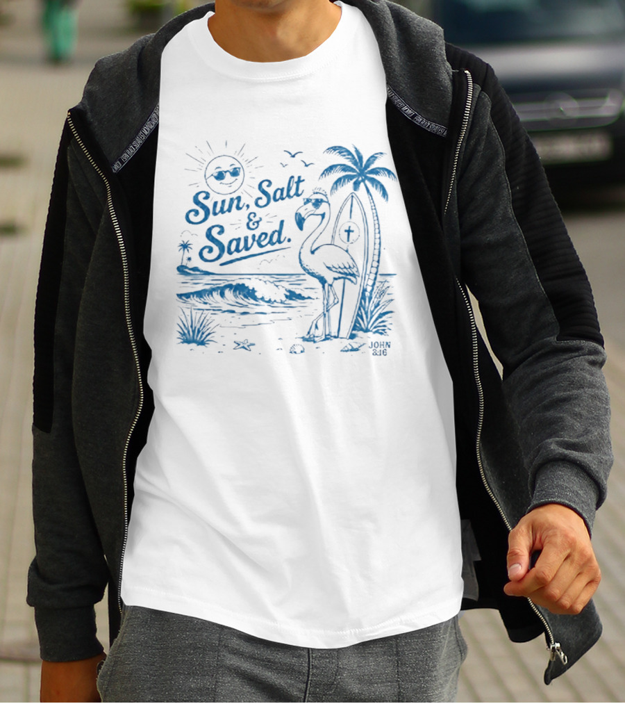 Sun Salt And Saved Flamingo Beach Scene With John 3 16 Christian T-Shirt