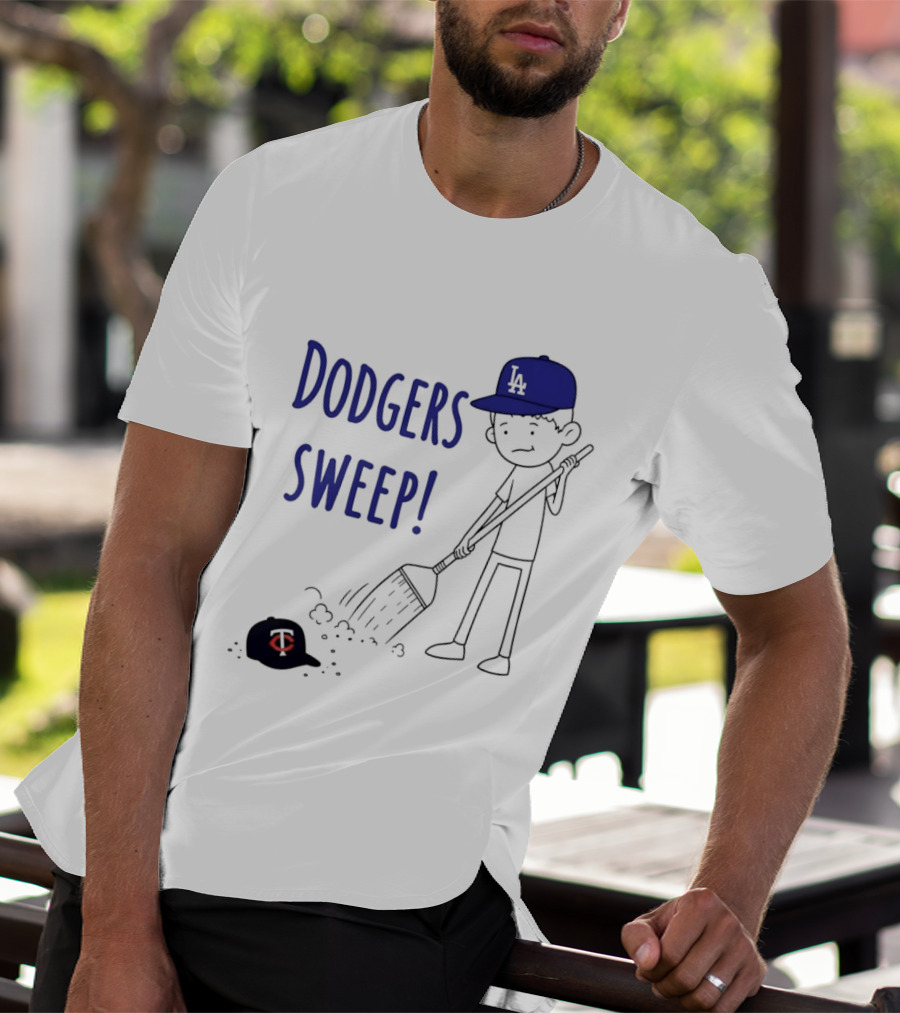 Dodgers Sweep Cartoon Figure In LA Cap Broom Action T-Shirt