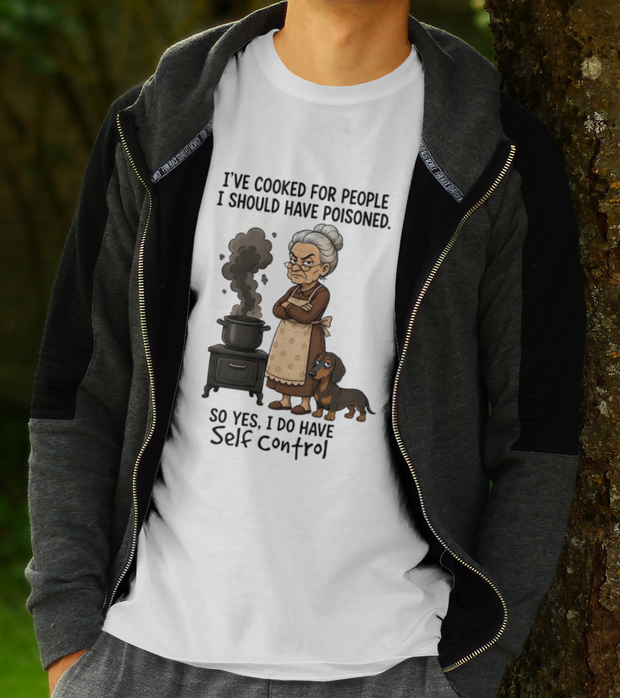 Grandma And Dachshund Cooking Humor Self Control Poised Patience T-Shirt