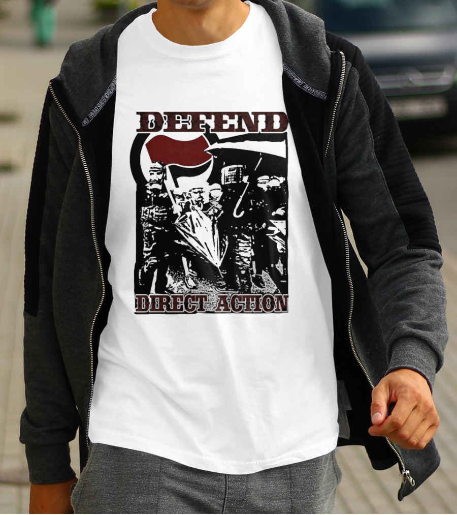 Defend Direct Action Antifa Protest Imagery With Red Flag Iconography T-Shirt
