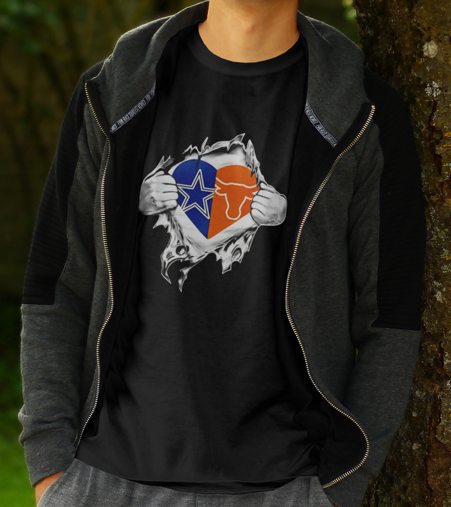 Dallas Cowboys And Texas Longhorns Heart Symbol Tearing T-Shirt