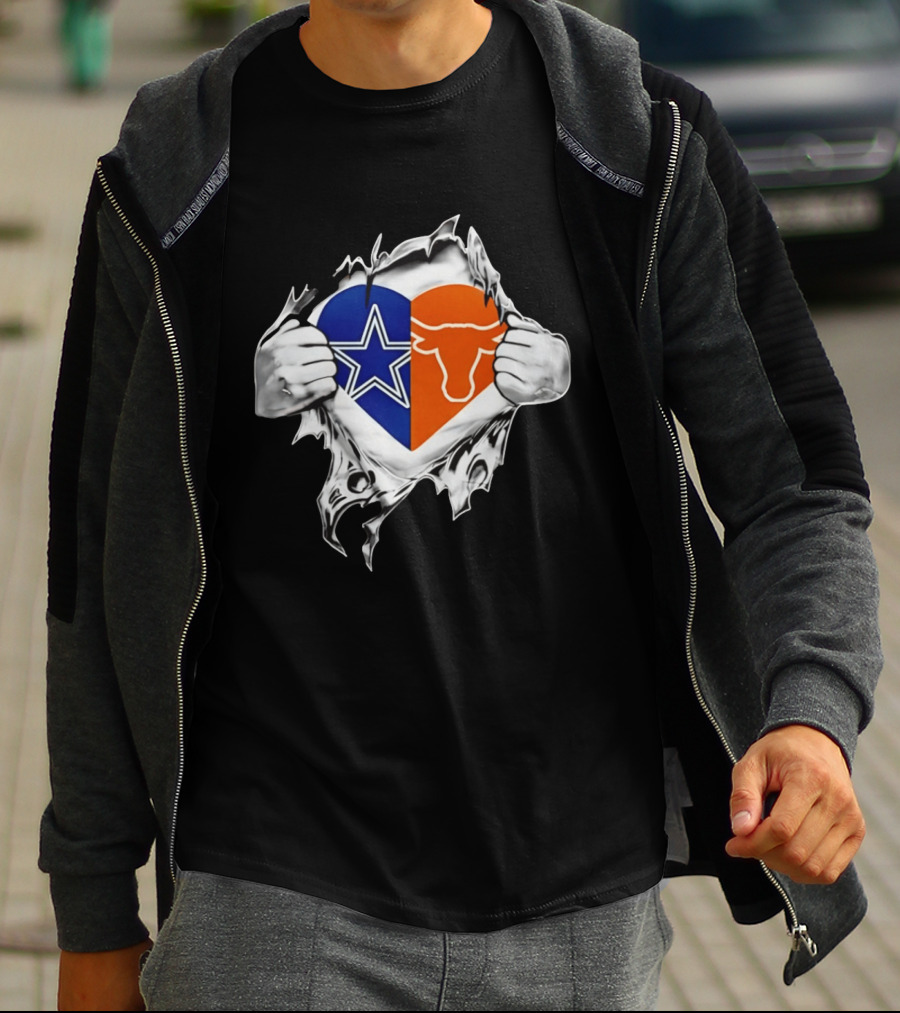 Dallas Cowboys And Texas Longhorns Heart Symbol Tearing T-Shirt