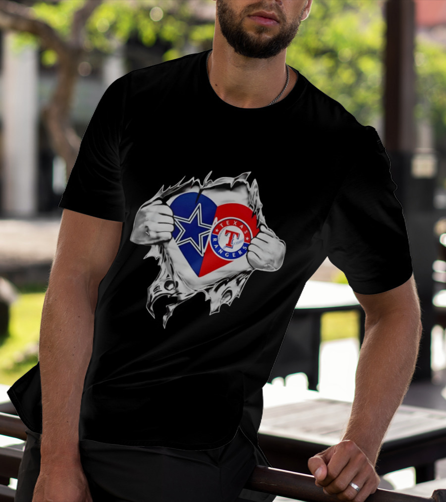 Dallas Cowboys Texas Rangers Heart Torn Open Sports T-Shirt