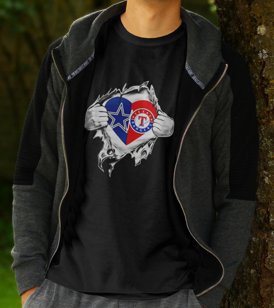 Dallas Cowboys Texas Rangers Heart Torn Open Sports T-Shirt
