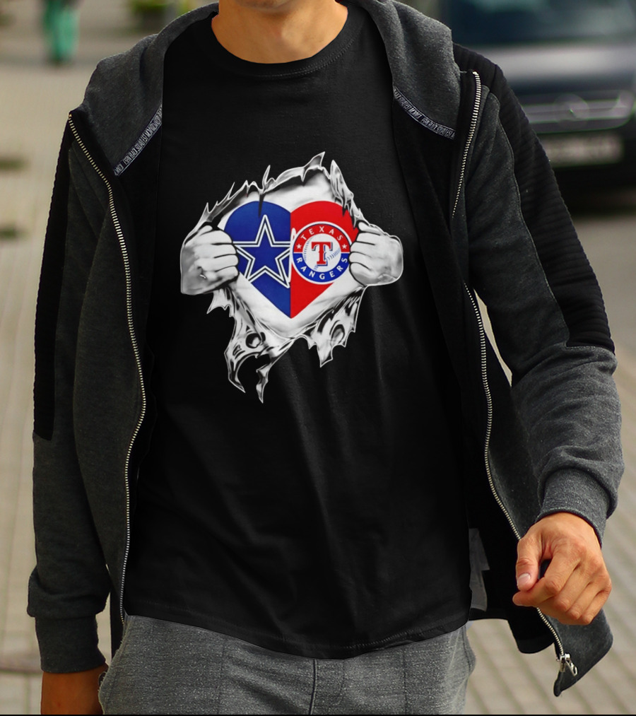 Dallas Cowboys Texas Rangers Heart Torn Open Sports T-Shirt