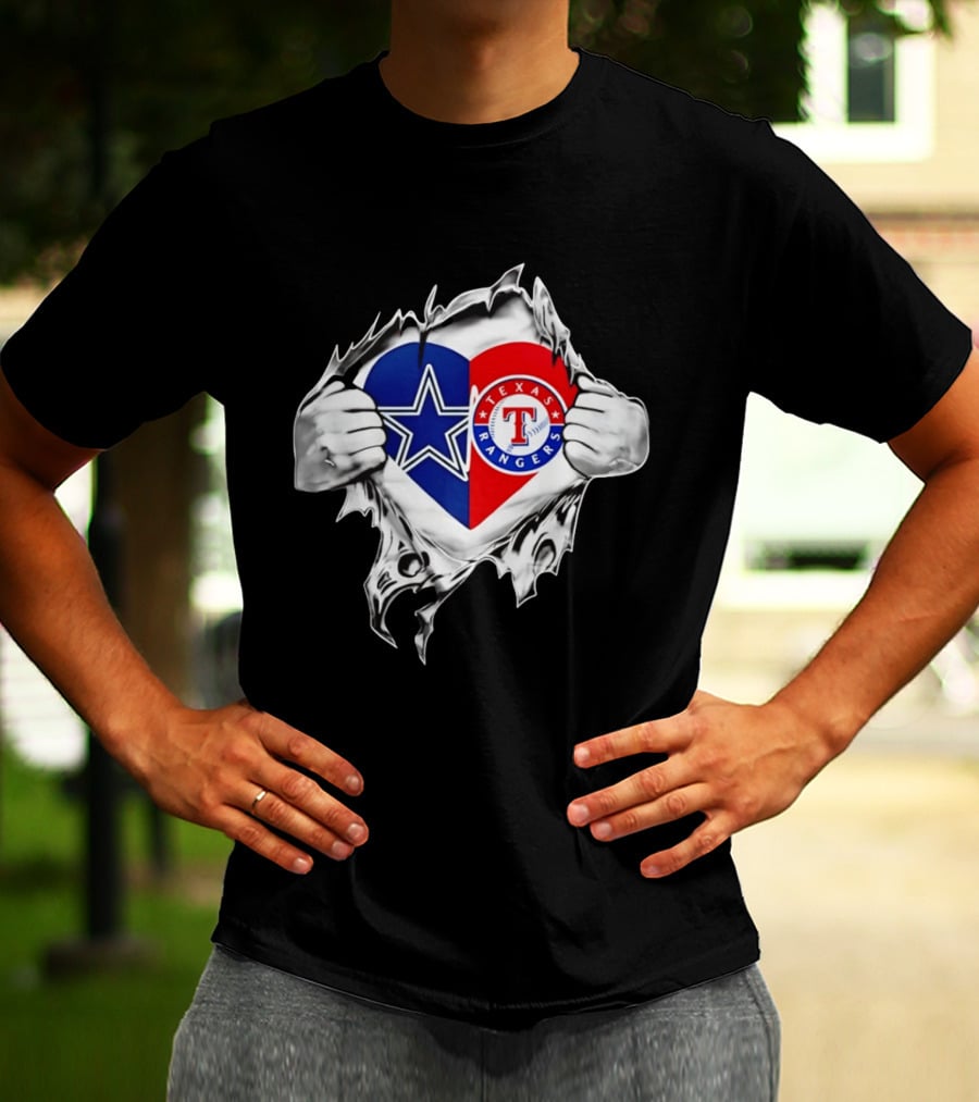 Dallas Cowboys Texas Rangers Heart Torn Open Sports T-Shirt