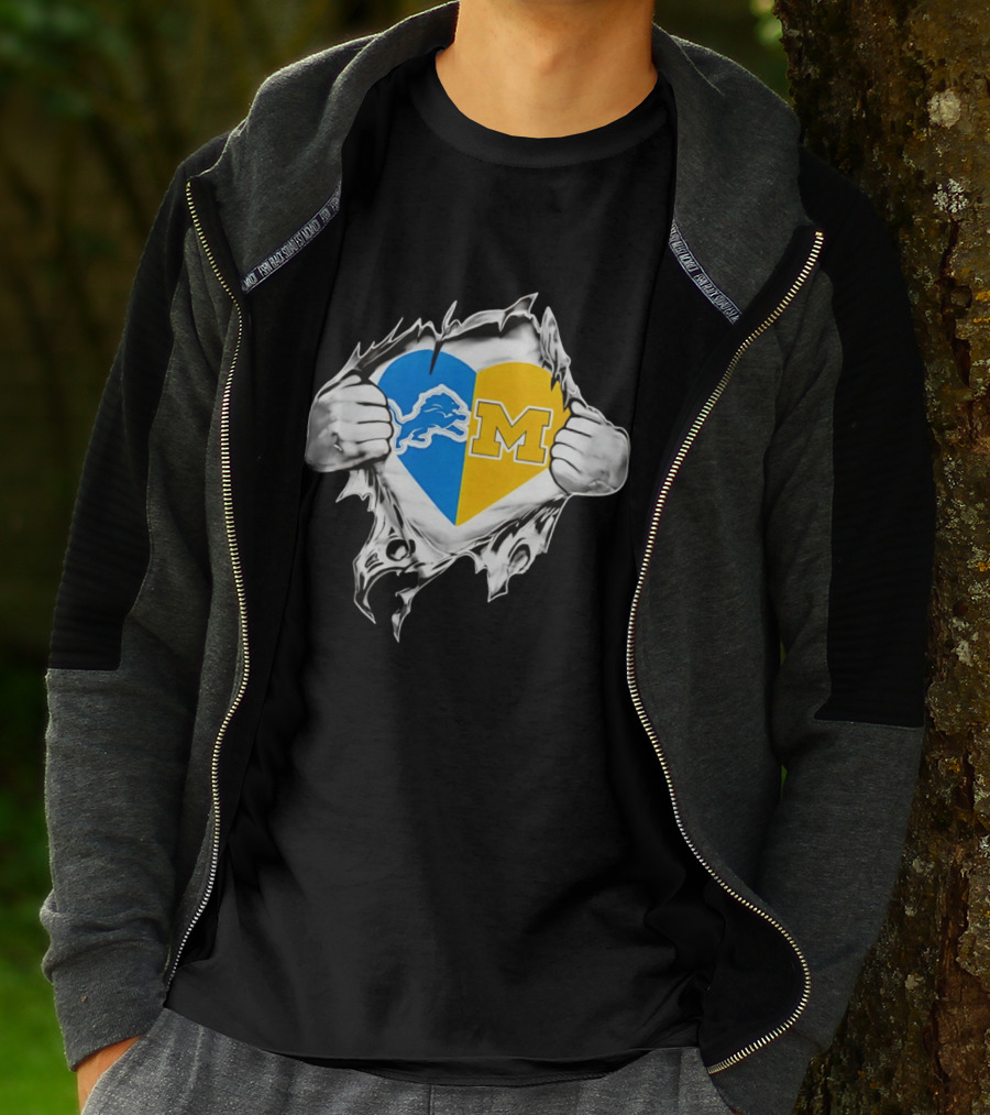 Detroit Lions Michigan Wolverines Heart Torn Reveal T-Shirt