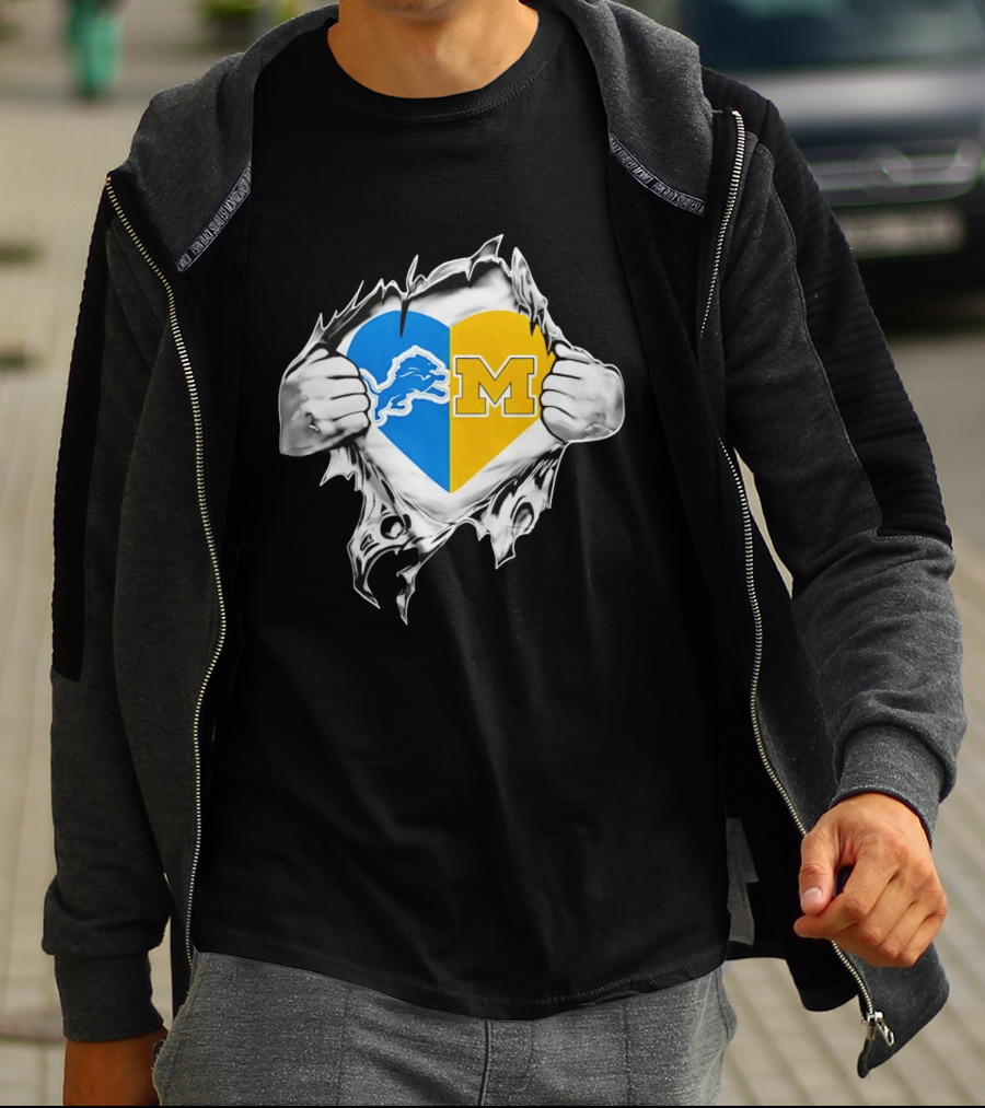 Detroit Lions Michigan Wolverines Heart Torn Reveal T-Shirt