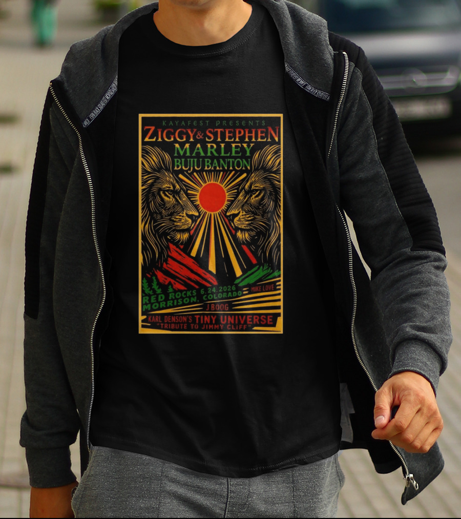 Kaya Fest Ziggy & Stephen Marley 2026 Red Rocks Morrison Colorado Buju Banton JBoog Mike Love Karl Denson's Tiny Universe Tribute To Jimmy Cliff T-Shirt