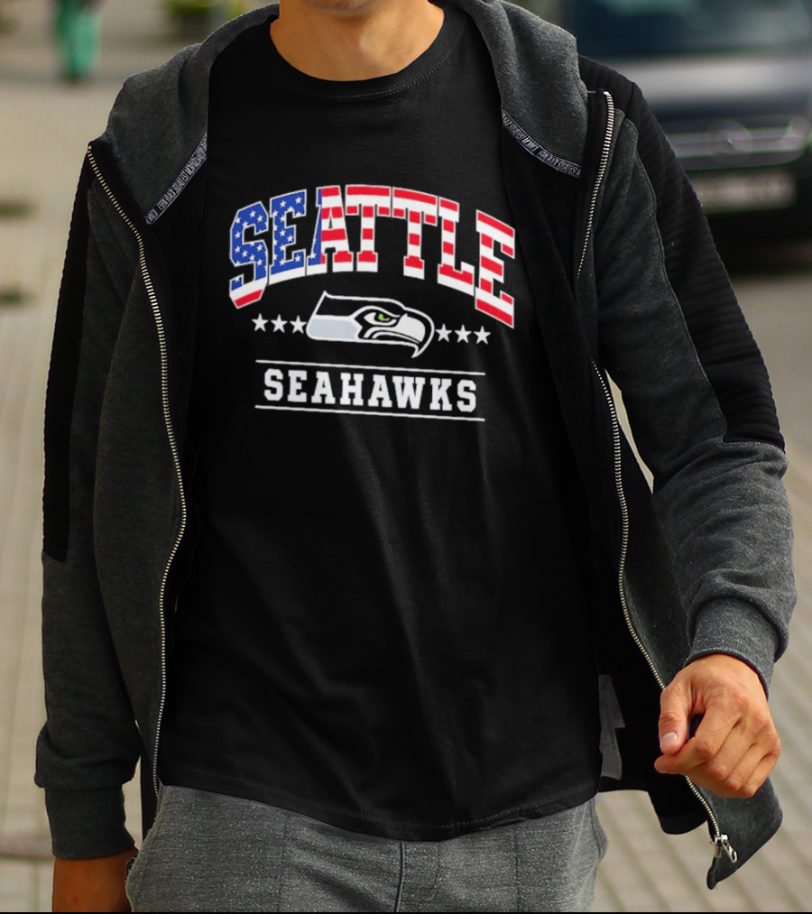 Seattle Seahawks Navy Americana Arch 250th Anniversary Stars And Stripes Football Fan T-Shirt