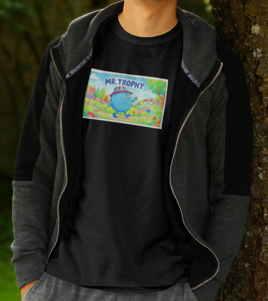 Sky Blue Mr. Men Mr. Trophy Character In Colorful Landscape Scene T-Shirt