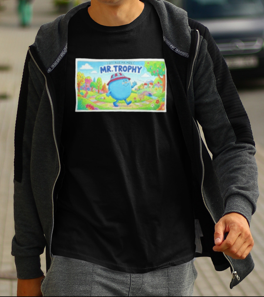 Sky Blue Mr. Men Mr. Trophy Character In Colorful Landscape Scene T-Shirt