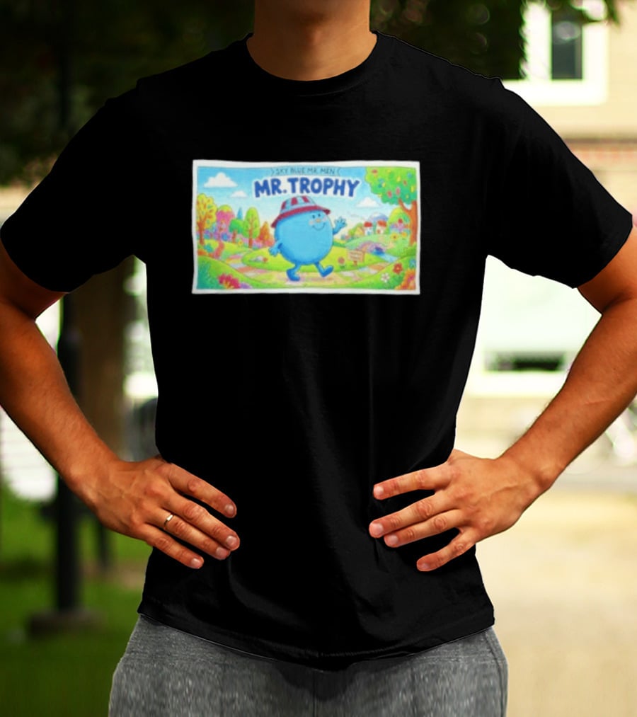 Sky Blue Mr. Men Mr. Trophy Character In Colorful Landscape Scene T-Shirt