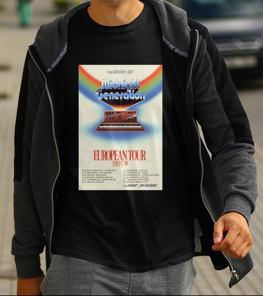Midnight Generation European Tour Dates '26 Mothership Is Back Jamiroquai Purple Disco Machine T-Shirt