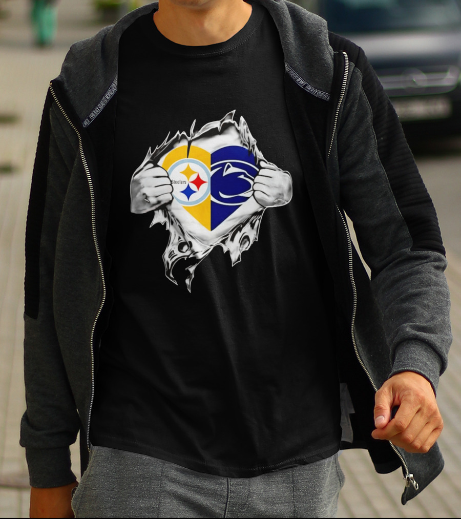 Steelers Penn State Heart Fan Logo Torn Fabric T-Shirt