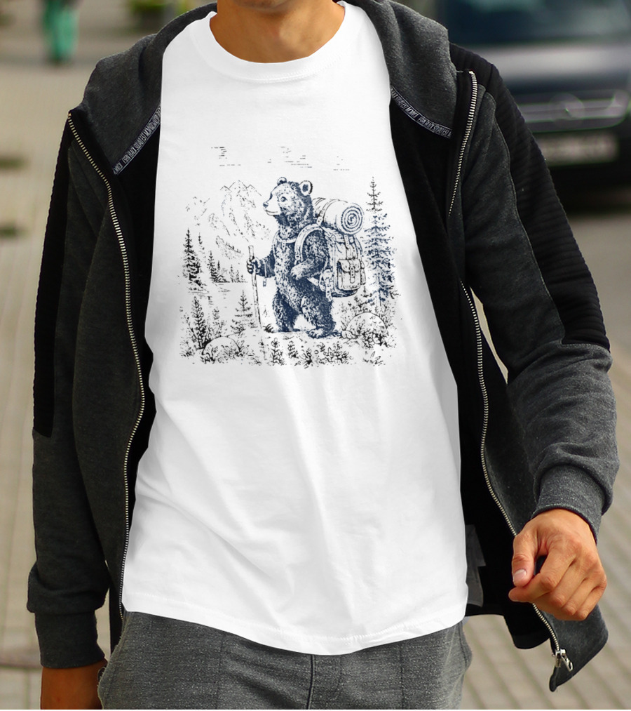 Hiking Bear Trekking Adventure With Backpack And Walking Stick Mountain Forest Scene T-Shirt