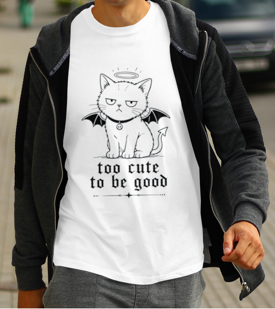 Too Cute To Be Good Devil Cat Kitten Halo Wings T-Shirt