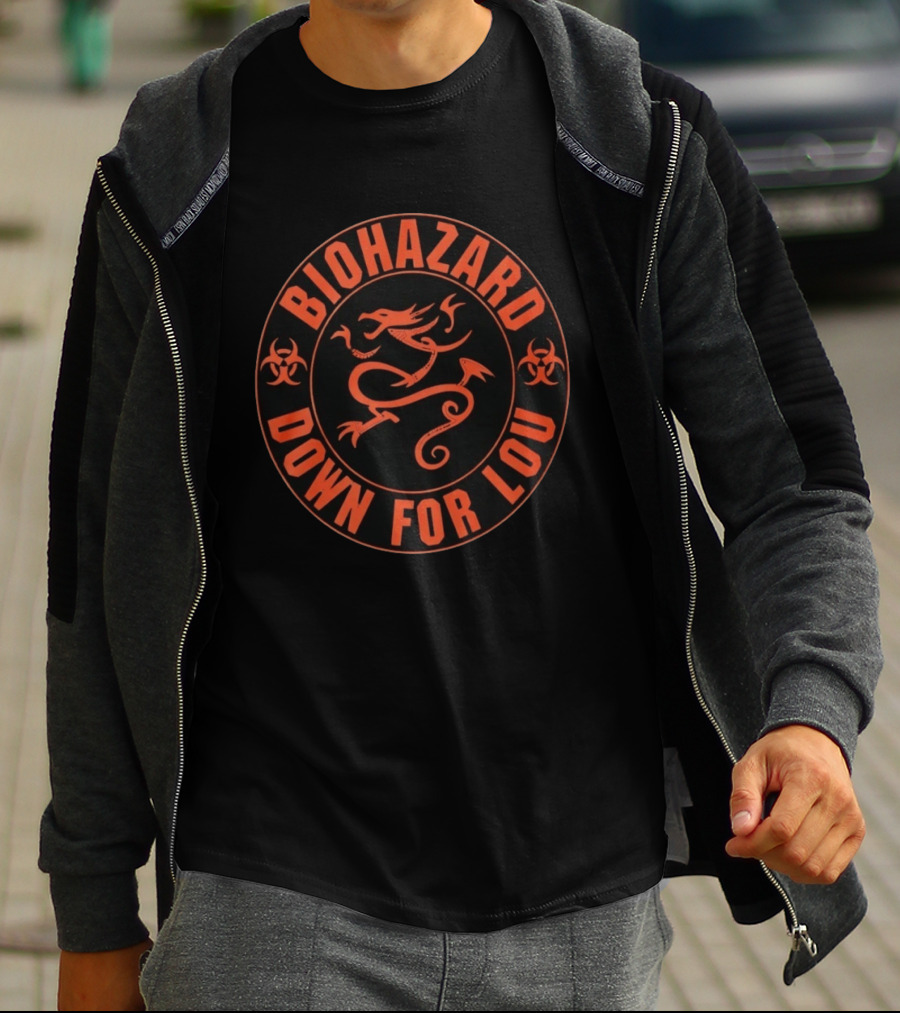 Biohazard Down For Lou Dragon Circle Design Orange And Black T-Shirt