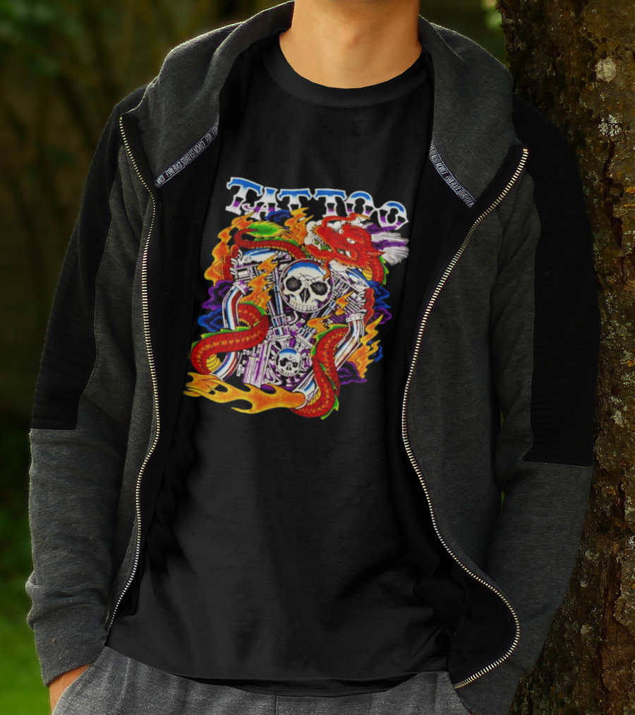 Tattoo Brand Dragon Skull Motorcycle Engine Flames T-Shirt