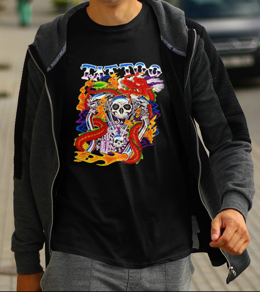 Tattoo Brand Dragon Skull Motorcycle Engine Flames T-Shirt
