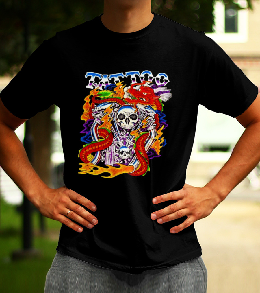 Tattoo Brand Dragon Skull Motorcycle Engine Flames T-Shirt