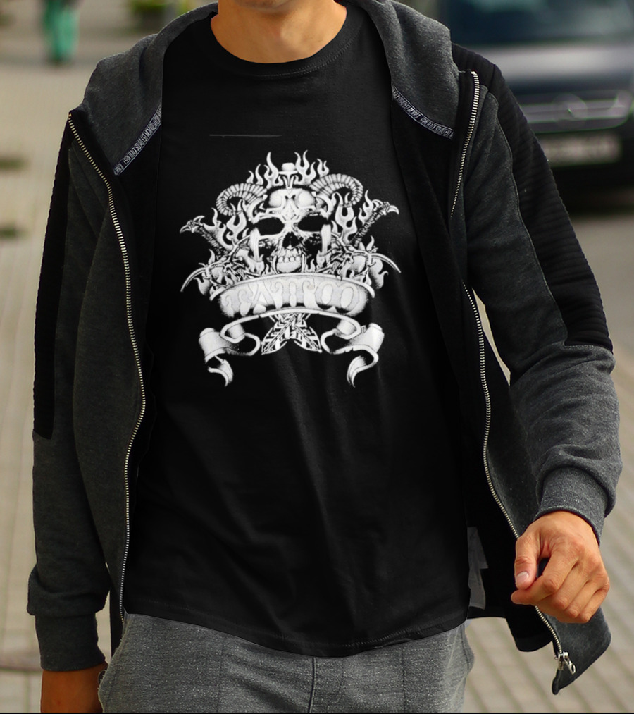 Skull With Horns And Flames Daggers Grim Reaper Tattoo T-Shirt