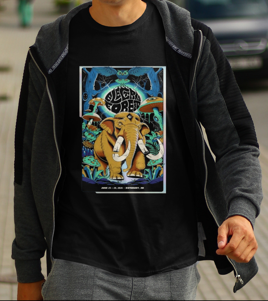 Electric Forest June 25 28 2026 Rothbury MI Elephant Blue Owl Psychedelic Mushrooms T-Shirt