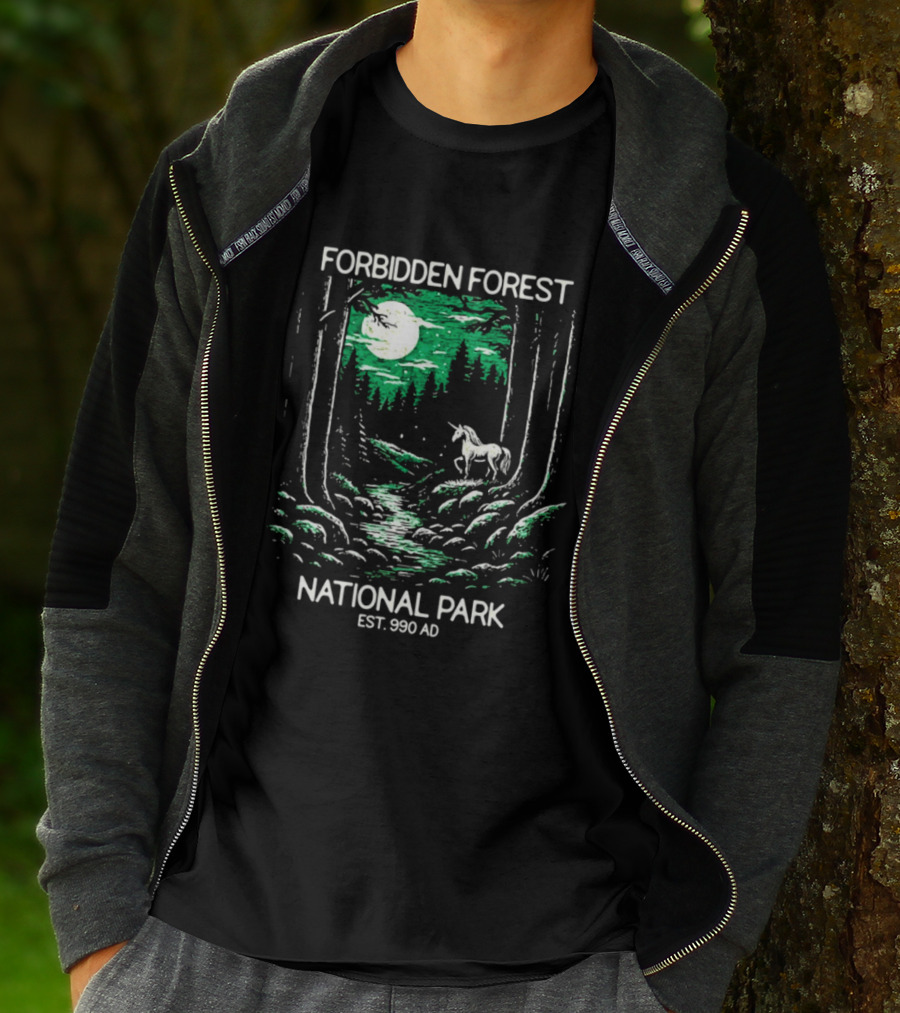 Forbidden Forest National Park Est 990 AD Moonlit Unicorn Scene T-Shirt